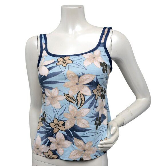 Floral Tankini Top Swimsuit Pool Beach Blue Beige White Scoop Neck Built in Bra - Picture 5 of 5